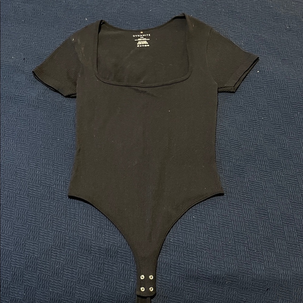 Dynamite Black Ribbed Square-Neck Short Sleeve Bodysuit